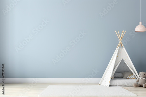 A gentle blue wall in a child's room, and a wigwam, and a hanging lamp, copy space