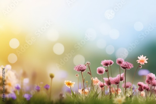Wild flower field in wild with variable colors in Spring. Blurred background for text. Spring seasonal concept. © rabbit75_fot