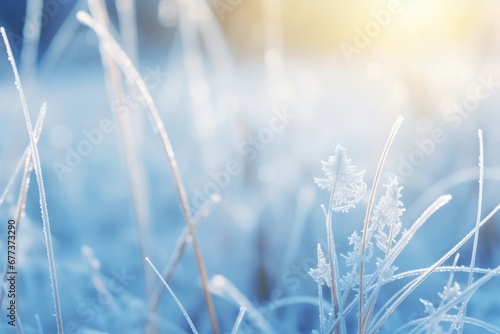 Close-up view of ice and snow on grass at sunrise in Winter. Winter seasonal concept.