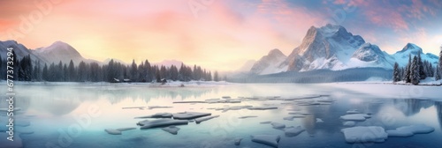 Panoramic view of beautiful lake at sunrise with foggy Winter forest mountain covered by heavy snow and ice. Winter seasonal concept. © rabbit75_fot