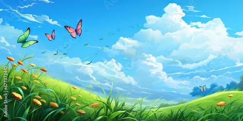 Enchanting Spring Meadow with Delicate Butterflies, Generative AI