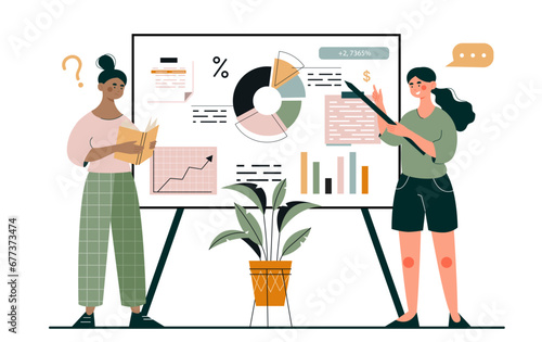 Financial literacy concept. Women with diagrams, business presentation. Traders and investors. Infographics and data visualization. Cartoon flat vector illustration isolated on white background