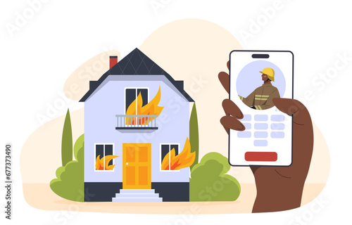 Fireman service concept. Hand with smartphone at ackground of burining home or house. Safety and protection for disasters and accidents. Cartoon flat vector illustration isolated on white background