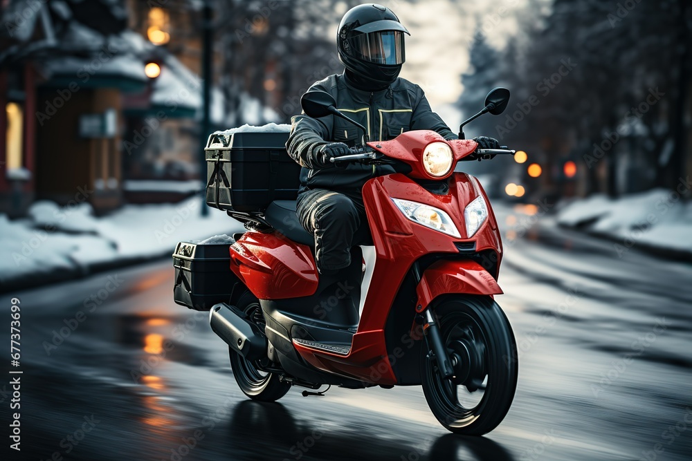 a person riding a red motor scooter with snowy flakes, Food delivery moto scooter driver