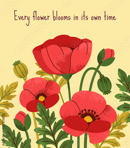 Poster with flowers. Spring and summer season. Natural scene with red blossom plants. Beauty  aesthetics and elegance. Graphic element for website. Cartoon flat vector illustration