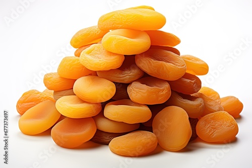 a pile of dried apricots on a white background