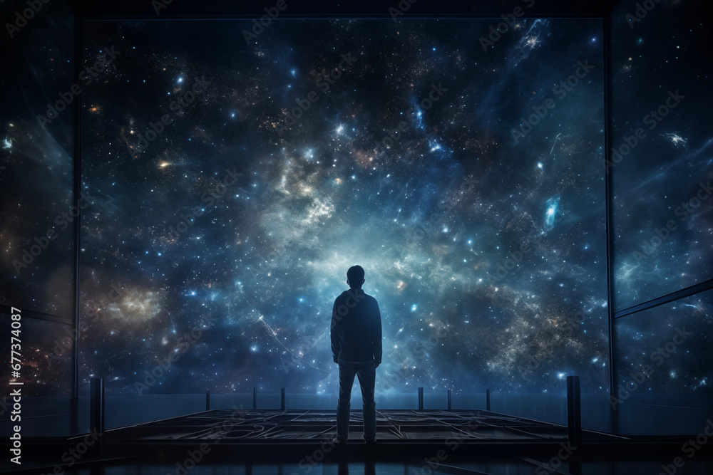 A person standing in a dark room, looking at a large picture of outer space. The image of space is a hologram, glowing with stars, galaxies, and nebulae. The person is in awe - obrazy, fototapety, plakaty 