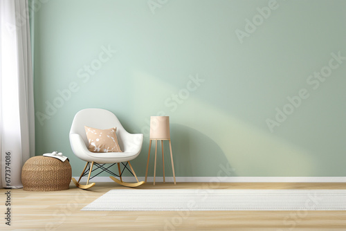 A mint green wall and a rocking chair. A copy space. photo