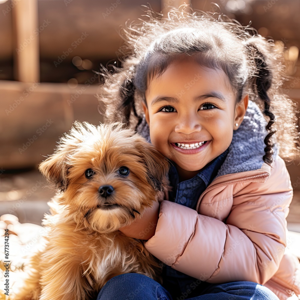 AI-generated illustration of an outdoor portrait of a young girl and her pet dog. MidJourney. AI-generated illustration of an outdoor portrait of a young girl and her pet dog. MidJourney.