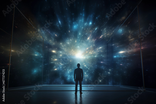 A person standing in a dark room  looking at a large picture of outer space. The image of space is a hologram  glowing with stars  galaxies  and nebulae. The person is in awe