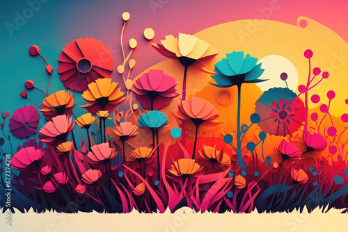 Colorful flat style floral grass, AI generated