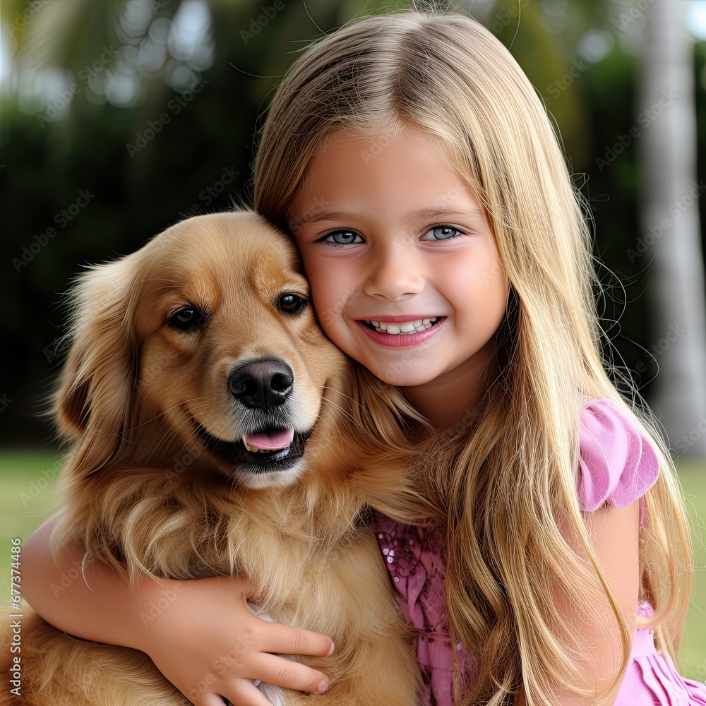 AI-generated illustration of an outdoor portrait of a young girl and her pet dog. MidJourney. AI-generated illustration of an outdoor portrait of a young girl and her pet dog. MidJourney.