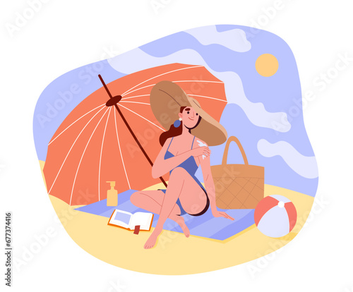 Woman with sunscreen at beach. Young girl in swimsuit with suntan under umbrella. Protect your skin in hot weather from UV. Cartoon flat vector illustration isolated on white background
