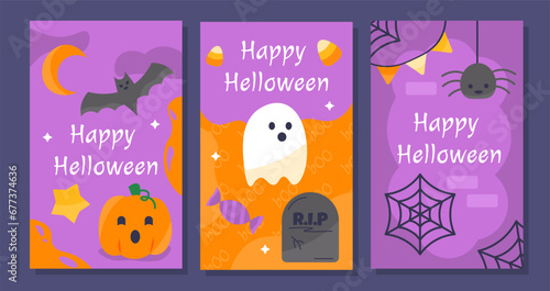 Halloween banners set. Ghost and black bat with pumpkin. Holiday and festival of fear and horror. Posters or covers. Cartoon flat vector collection isolated on black background