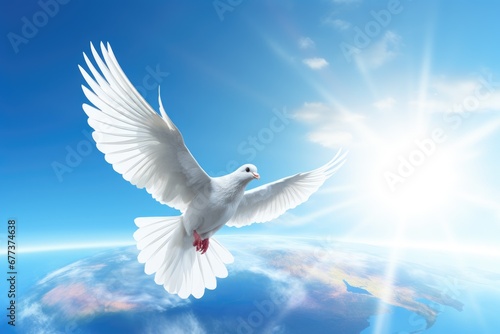 White dove bird with world ball with sky sun and clouds on background. White bird as symbol of love and peace flies above planet Earth. International Peace Day