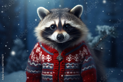 Cute raccoon smiling, looking at camera, wearing a red Christmas sweater, Christmas New Year winter landscape background, greeting card © Minithalie