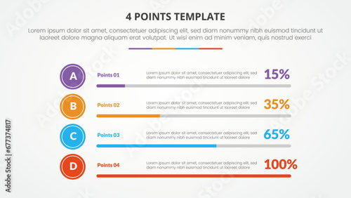 4 points stage template infographic concept for slide presentation with horizontal bar percentage with 4 point list with flat style