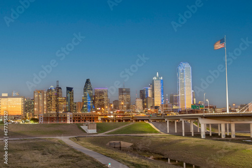 scenic skyline by night with modern skyscraper in Dallas, Texas, USA