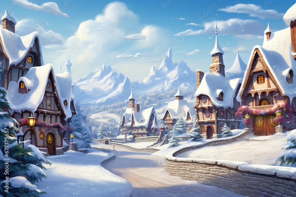 Beautiful fairy tale village in winter, rural landscape, watercolor illustration generative AI Beautiful fairy tale village in winter, rural landscape, watercolor illustration generative AI