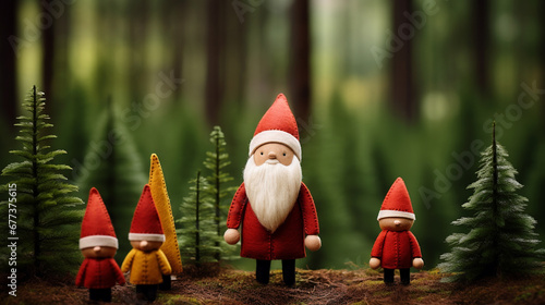 Handmade DIY figurines, cute crafted wool felt santa claus and christmas wights standing in the forest photo