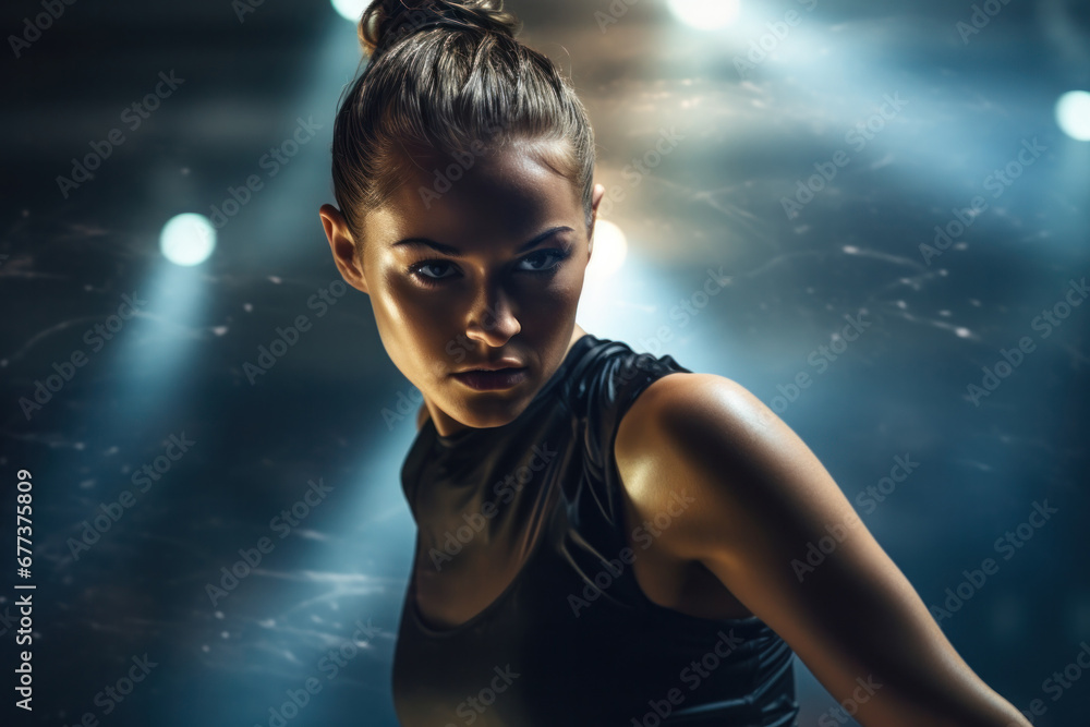A female dancer with her hair slicked back into a high ponytail A female dancer with her hair slicked back into a high ponytail