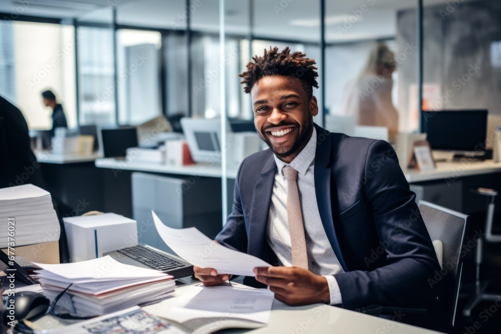 Happy african american businessman smiling in front of a pile of papers while working in office. Happy african american businessman smiling in front of a pile of papers while working in office.