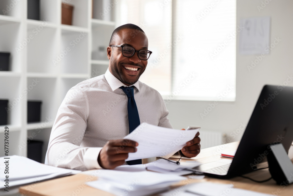 Happy african american businessman smiling in front of a pile of papers while working in office. Happy african american businessman smiling in front of a pile of papers while working in office.