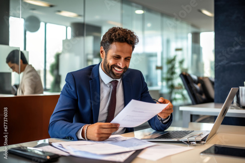 Happy indian businessman smiling in front of a pile of papers while working in office. photo