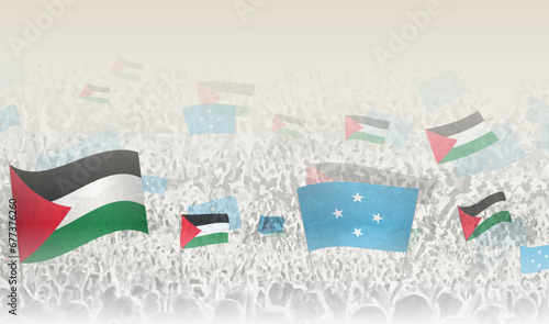 Palestine and Micronesia flags in a crowd of cheering people.