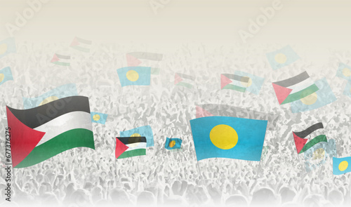 Palestine and Palau flags in a crowd of cheering people.