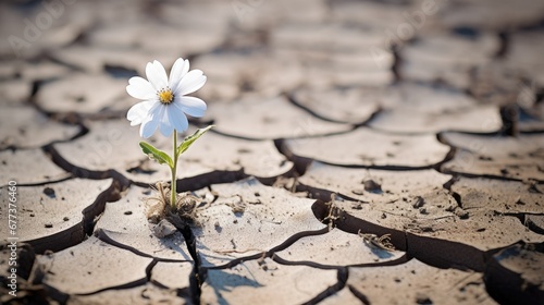 Resilient white flower emerging through cracked, dehydrated earth, a powerful symbol of perseverance and triumph over adversity.