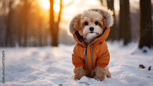 Cute dog in a warm jacket in the winter park photo