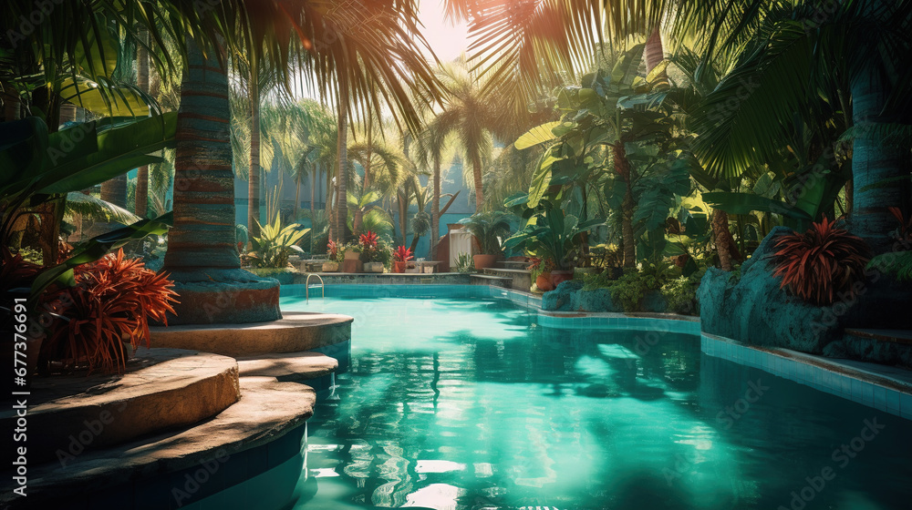 pool in resort with tropics in blue-green tones