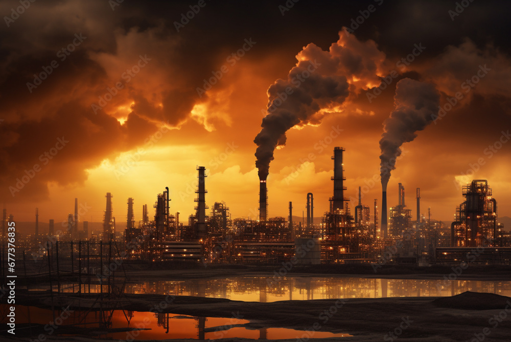 An oil refinery plant, in the style of environmental awareness