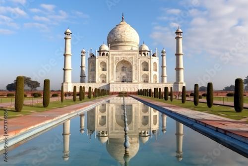 The taj mahal is shown against a blue sky, in the style of romantic landscape