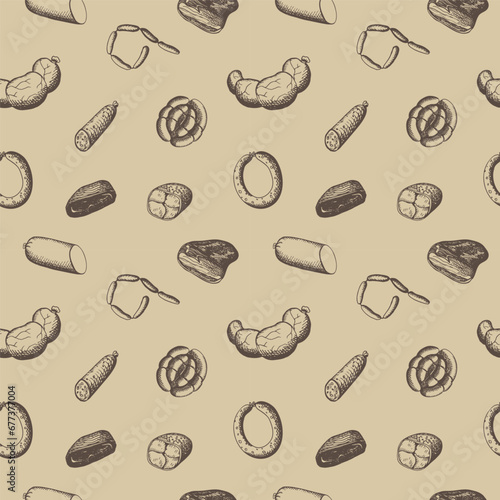 Sausages seamless pattern hand drawn vector illustration. Vintage repeating background with engraved smoked meat products, bacon, sausages, pastrami, salami. Meal, delicious snacks, butchery products