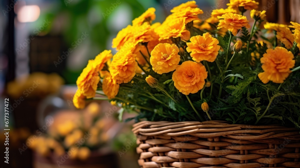 Orange marigold flowers in a wicker basket on a blurred background. Marigold. Beautiful Marigold Flowers. Carnation. Mother's Day Concept. Valentine Day Concept with a Copy Space. Springtime.