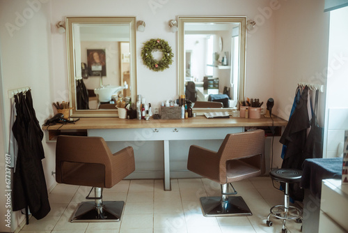 modern hair studio with chairs and mirror