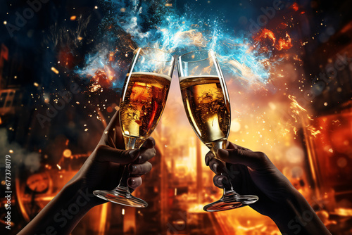  two elegant champagne glasses with a burst of fireworks springing from them, symbolizing celebration, set against a backdrop of a starry night sky