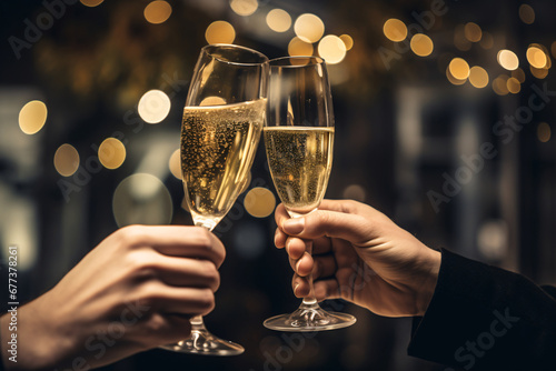 two elegant champagne glasses symbolizing celebration, set against a backdrop of a new years eve celebration