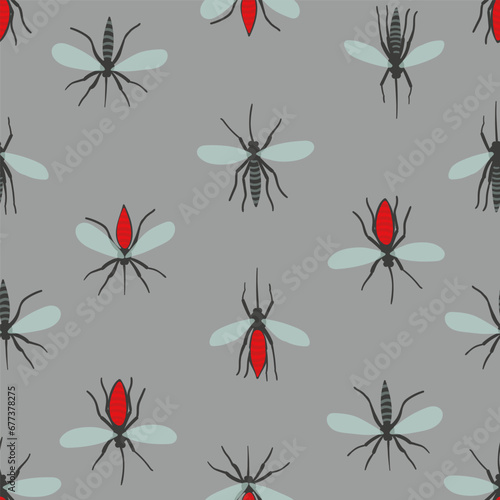 Seamless vector pattern with mosquitoes on a gray background. Stylized hand-drawn illustration. Hungry mosquitoes and well-fed mosquitoes with a red belly. Insects fly by flapping transparent wings © Галина Ярыгина