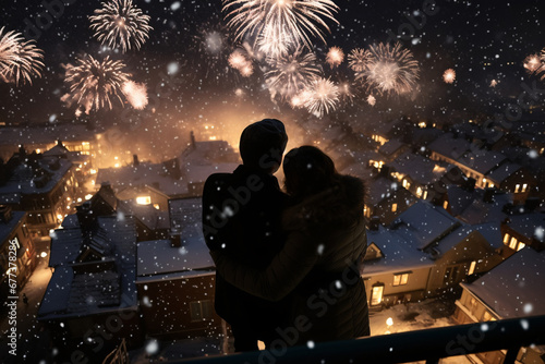 a top-down view of a snowy rooftop with a couple embracing, watching the sky light up with the New Year's first fireworks