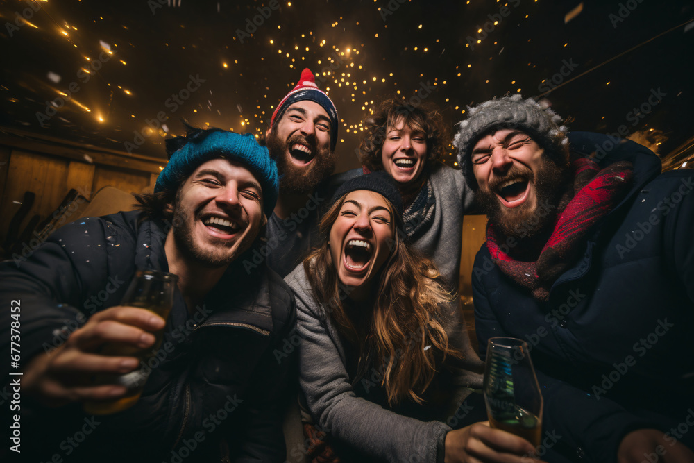 a group of friends gathered closely, laughing and sharing resolutions, celebrating new years eve a group of friends gathered closely, laughing and sharing resolutions, celebrating new years eve
