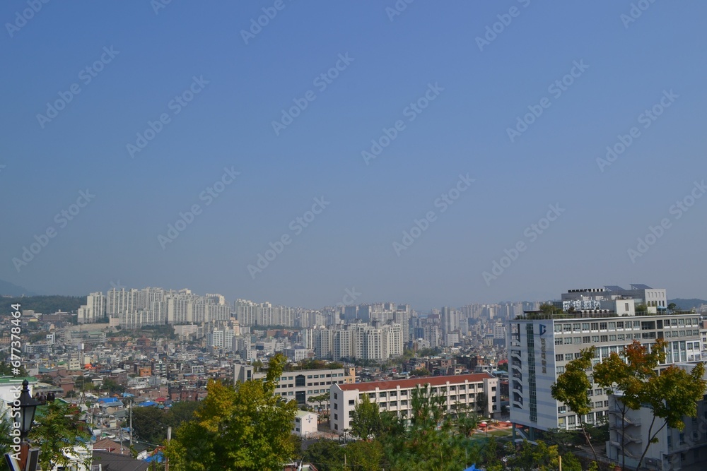 Aerial view of cityscape Seoul surrounded by buildings