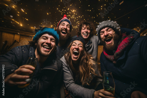 a group of friends gathered closely, laughing and sharing resolutions, celebrating new years eve
