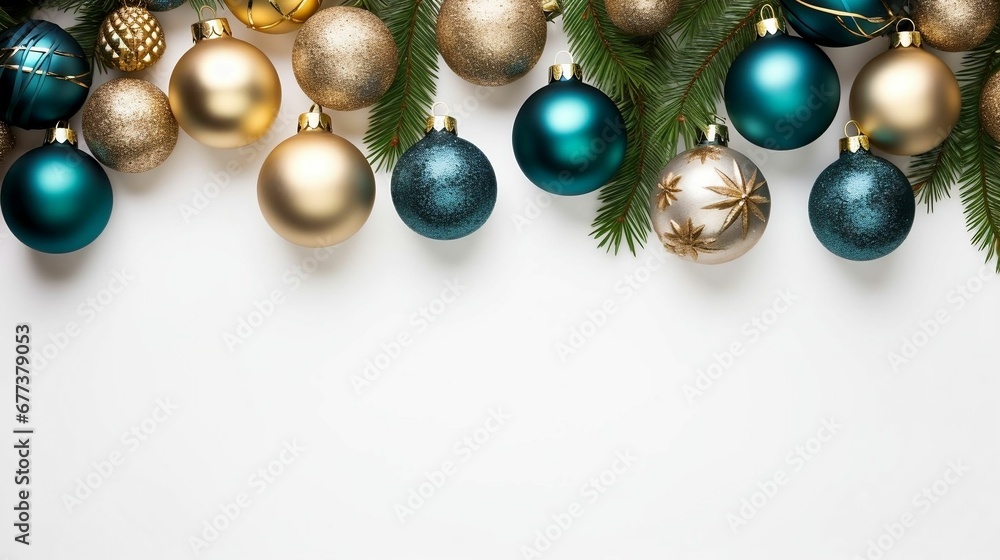 Border with Christmas tree branches and ornaments isolated on white
Border with Christmas tree branches and ornaments isolated on white