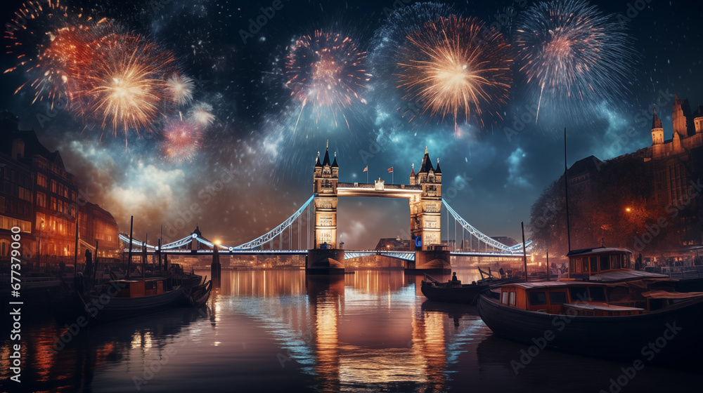 new years eve with fireworks over London and its famous Tower Bridge - obrazy, fototapety, plakaty 