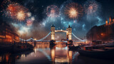 new years eve with fireworks over London and its famous Tower Bridge