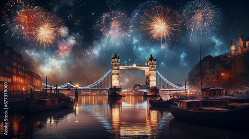 new years eve with fireworks over London and its famous Tower Bridge photo