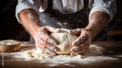 Unrecognizable young man kneading dough on wooden table. Males hands making bread on dark background. Selective focus.